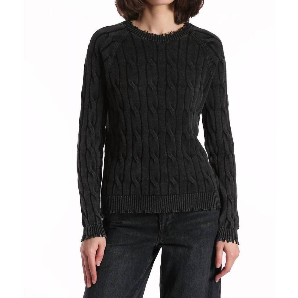 NEW MINNIE ROSE cotton stone wash distressed cable crew top in black